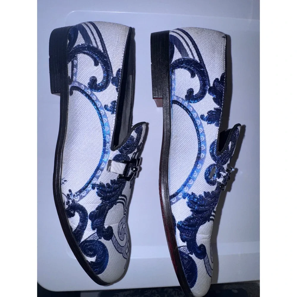 Successo Uomo by Puita Mens Blue White Jacquard Damask Bit Loafers Dress Shoes